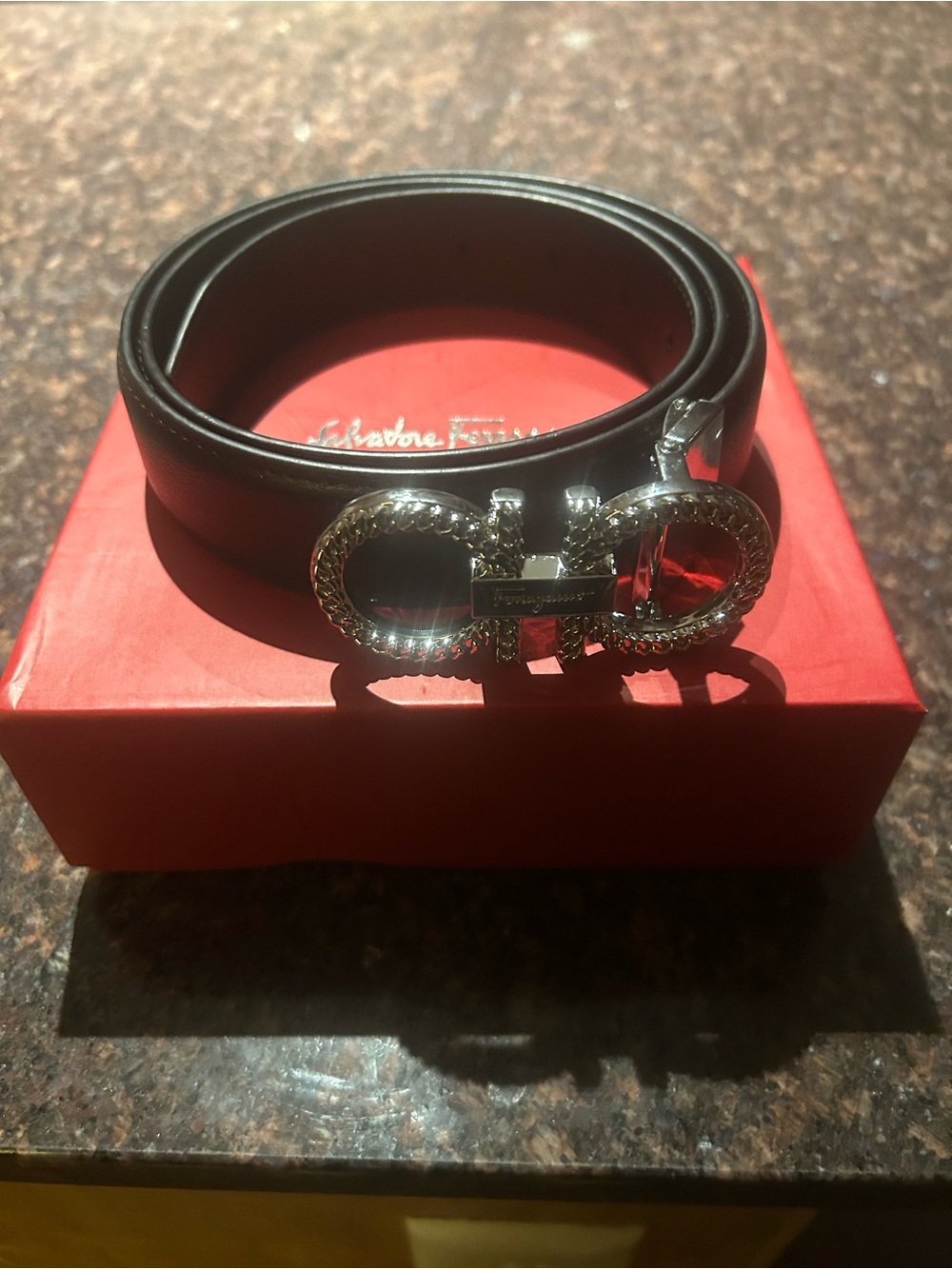 Salvatore Ferragamo Black Leather Belt with Crystal Double Gancio Buckle